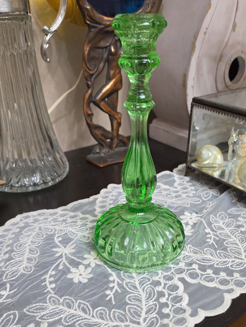 Vtg Van Verre Translucent Green Glass Candlestick -made In PORTUGAL